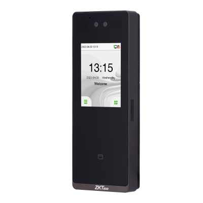 Dispositivo eletrônico ZKTeco preto com ecrã digital mostrando hora, data e bem-vindo