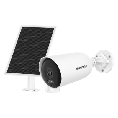 Câmara de segurança branca HIKVISION com painel solar preto