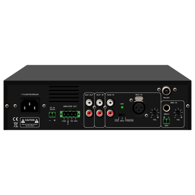 Painel traseiro de amplificador preto com conectores para áudio e alimentação