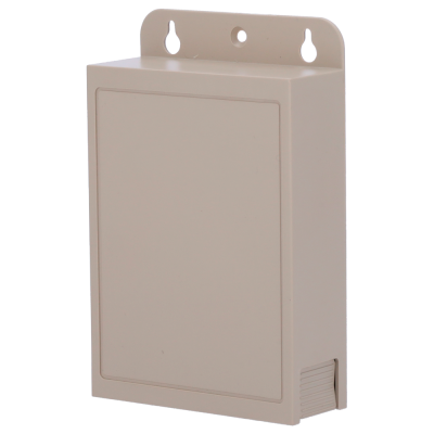 Caixa de plástico bege retangular para instalação elétrica com orifícios de fixação