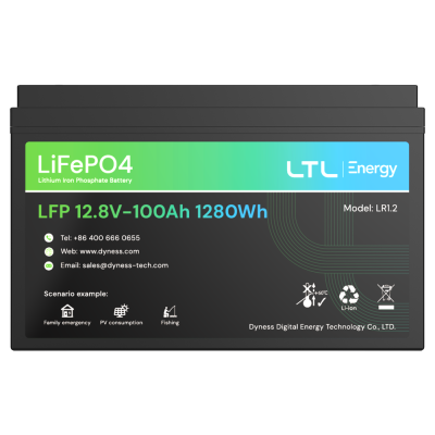 Bateria LiFePO4 preto com etiqueta verde e azul e texto técnico