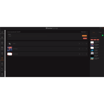 Interface de software para gestão de listas de reprodução multimédia com opções de controlo à esquerda e lista de arquivos à direita.