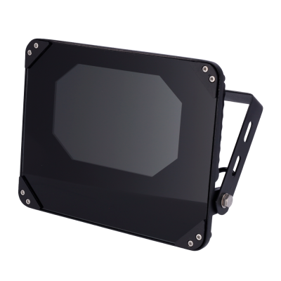 Projetor LED preto retangular com suporte metálico e vidro frontal