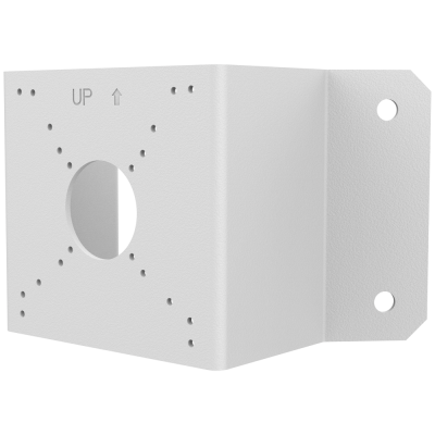 Suporte metálico cinzento com vários buracos e furo central circular