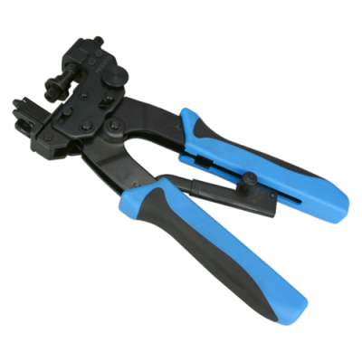 Alicate de cravar preto com cabos azuis e pretos