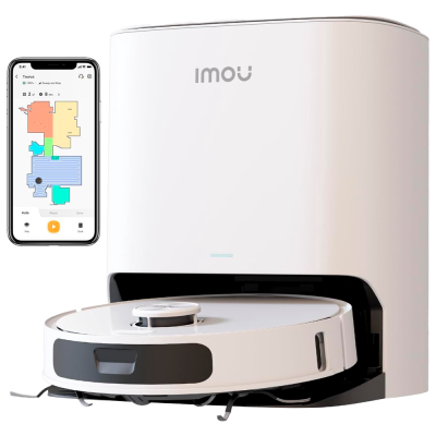 Aspirador robot IMOU branco com base e smartphone mostrando mapa de limpeza