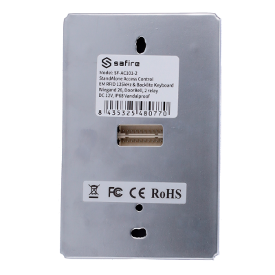 Dispositivo de controlo de acesso Safire com etiquetas de especificações