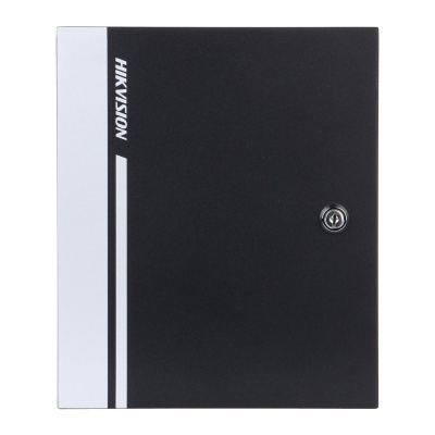 Caixa metálica preta com fechadura e texto HIKVISION