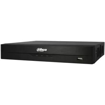 Aparelho eletrônico preto retangular com logo Dahua Technology, LEDs HDD NET PWR e porta USB