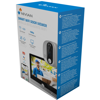Embalagem da visão inteligente de porta WIFI NIVIAN com imagem do produto e ecrã colorido.