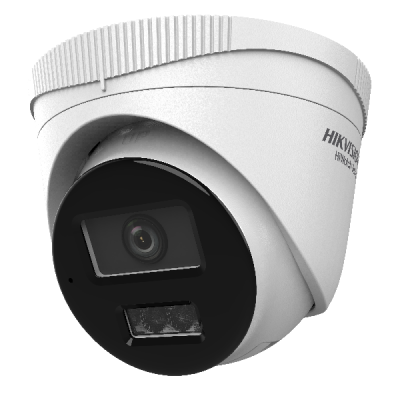 Câmara de vídeo de segurança Hikvision branca e preta tipo cúpula.