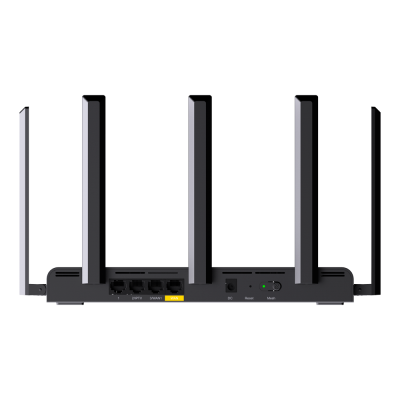 Roteador sem fios preto com quatro antenas e várias portas na parte traseira