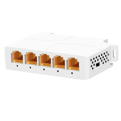 Dispositivo com portas Ethernet laranja e botão On/Off