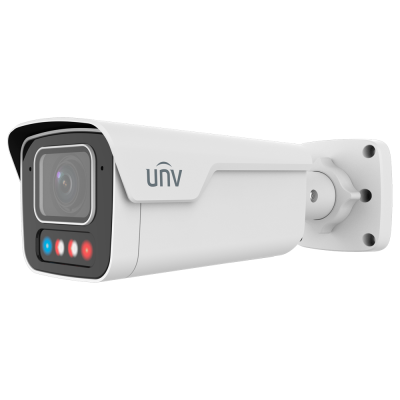Câmara de videovigilância branca da marca unv com LEDs coloridos na frente e base de fixação