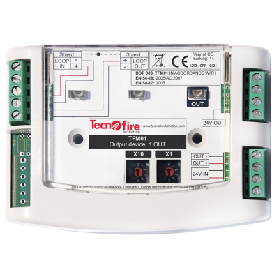 Dispositivo eletrónico Tecnofire TFM01 branco com conexões verde e instruções técnicas