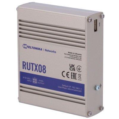 Roteador industrial Teltonika RUTX08 cinza com etiquetas e USB