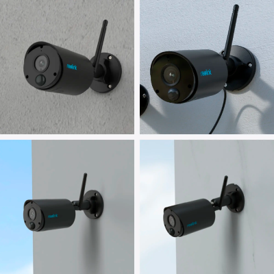 Câmaras de vigilância externas Reolink pretas com antena fixadas em paredes claras.