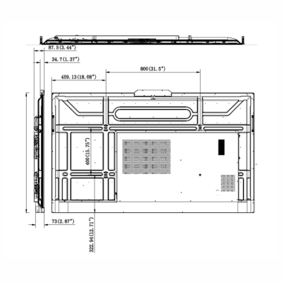 Desenho técnico em preto e branco de um monitor com medidas em polegadas e centímetros
