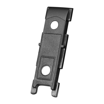 Peça plástica preta com orifícios circulares e recortes laterais