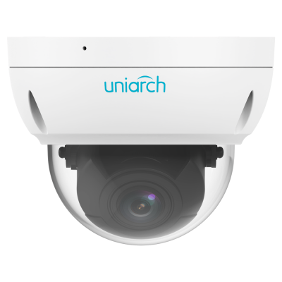 Câmara de segurança domo branca com marca uniarch e lente preta protegida