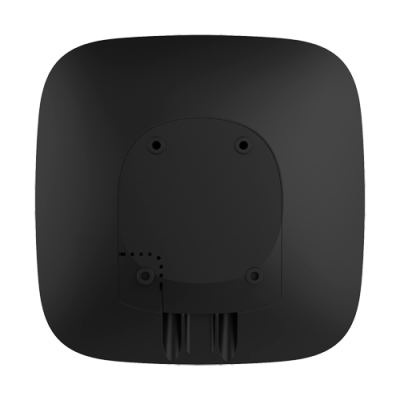 Dispositivo quadrado preto com cantos arredondados e placa traseira com parafusos e cabos