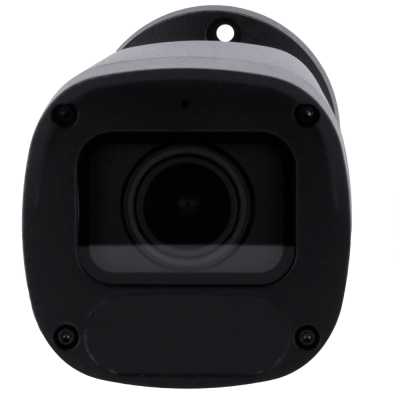 Câmara de vigilância preta com lente central e parafusos nas extremidades