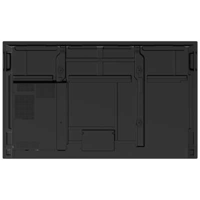 Parte traseira preta de monitor ou TV com painéis e suportes