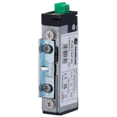 Fechadura elétrica AROS AC35 metálica com etiqueta branca, fundo branco isolado