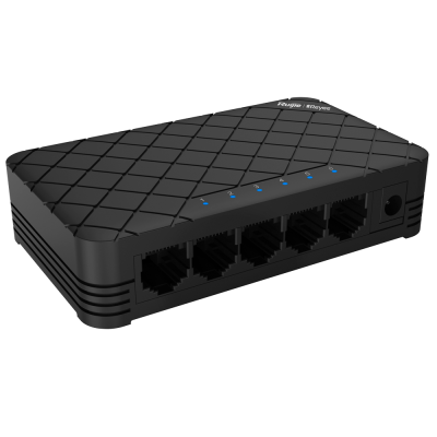 Switch de rede preto com cinco portas Ethernet e LEDs azuis