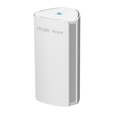 Roteador Wi-Fi branco Ruijie Reyee com formato triangular e ventilação vertical