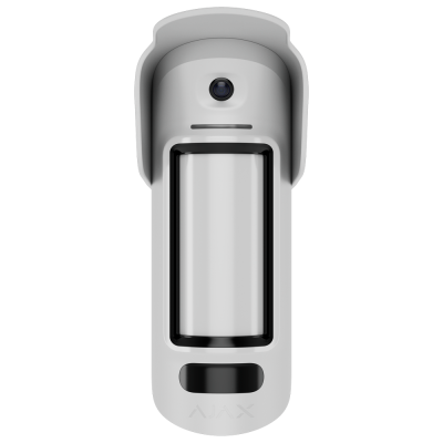 Sensor de movimento branco AJAX com lente preta e cobertura protetora curva