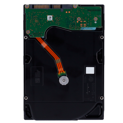 Disco rígido interno com circuito verde, cabo laranja e estrutura preta