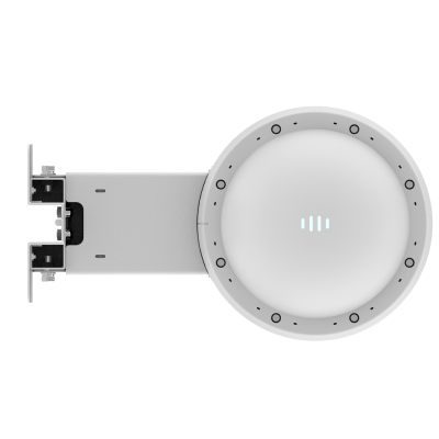Dispositivo eletrónico redondo branco com barra metálica lateral cinzenta e padrão luminoso azul no centro