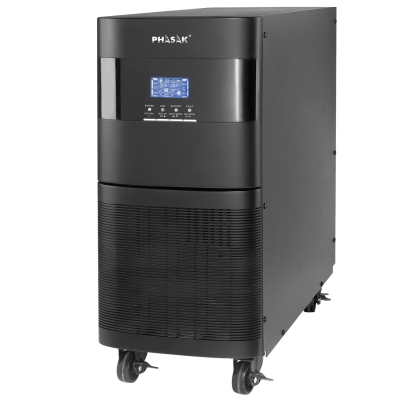 Unidade UPS PHASAK preta com visor digital azul e rodízios