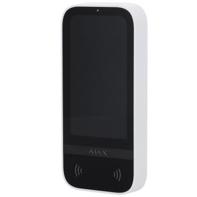 Leitor de controlo de acesso branco com ecrã preto e texto AJAX