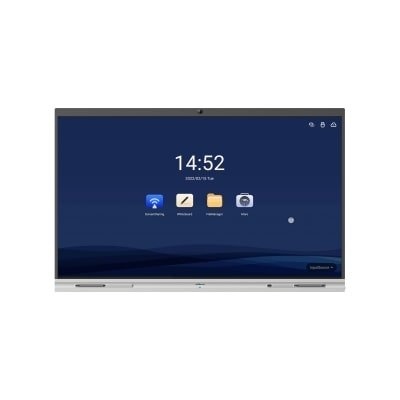 Ecrã interativo digital com moldura branca e mostrador azul