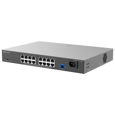 Switch de rede cinzento e preto com 16 portas RJ45 e porta azul