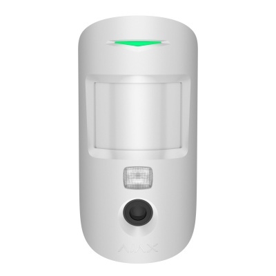 Sensor de movimento branco retangular com luz verde e lente preta