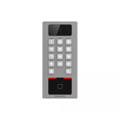 Dispositivo de segurança cinzento com teclado, ecrã e sensor biométrico