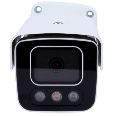 Câmara de segurança de exterior branca com lente e sensores frontais pretos