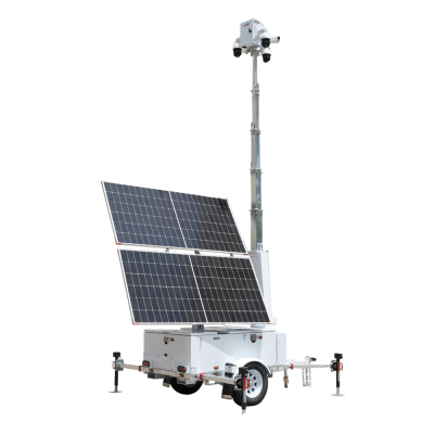 Gerador móvel com painéis solares, torre telescópica e câmaras no topo