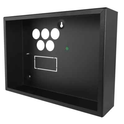 Caixa metálica preta com múltiplos recortes redondos e retangular para montagem