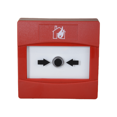 Alarme de incêndio manual vermelho com símbolo de casa e chama e duas setas pretas.