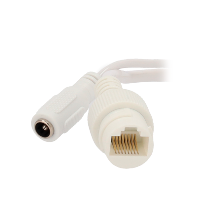 Cabo branco com conetor RJ45 e conetor fêmea DC.