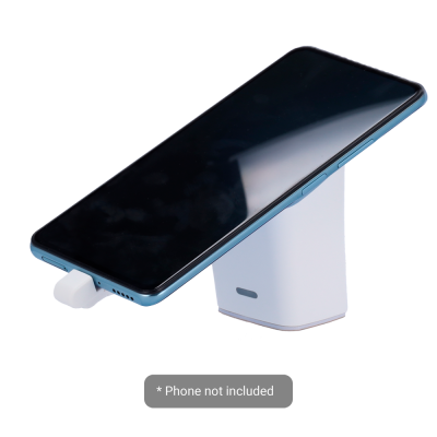 Suporte de smartphone branco com telemóvel azul em cima