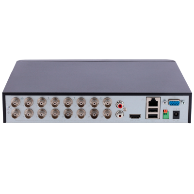 Aparelho eletrónico com múltiplas portas e conexões, vista traseira.