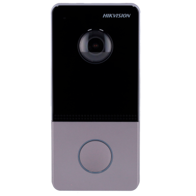 Campainha de vídeo preta e cinza com lente e botão circular