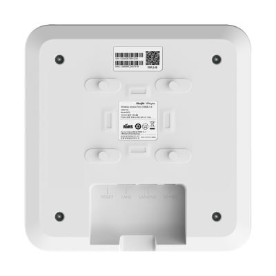 Parte traseira de dispositivo branco quadrado com etiquetas, suportes e sinais de conexão