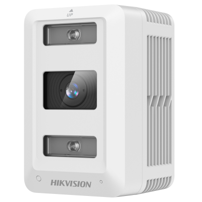Câmara de segurança branca Hikvision com lente central e sensores