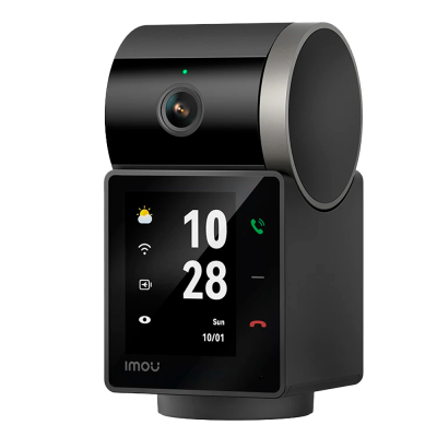 Câmara de segurança preta com ecrã digital mostrando hora e ícones